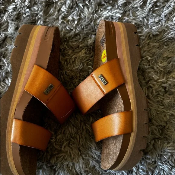 Reef Tan Leather-Look Double Strap Slides - Picture 3 of 5